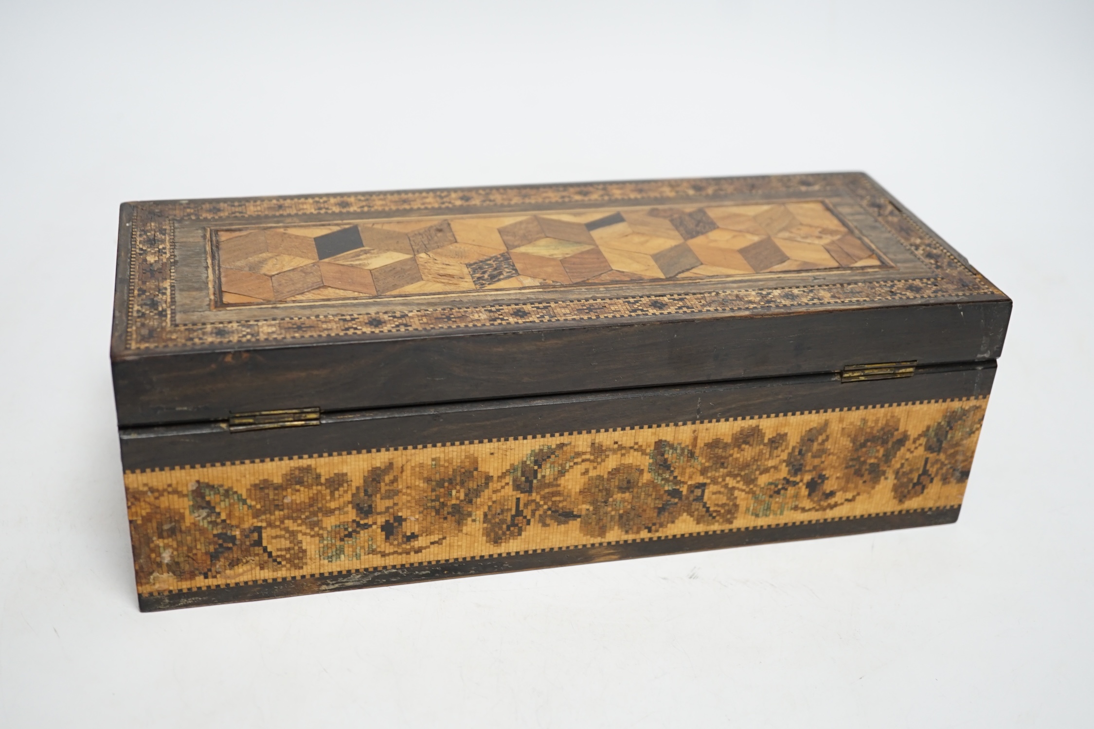 A Thomas Barton Tunbridge ware specimen perspective cube Marquetry and tesserae Mosaic glove box, late 19th century, 27cm